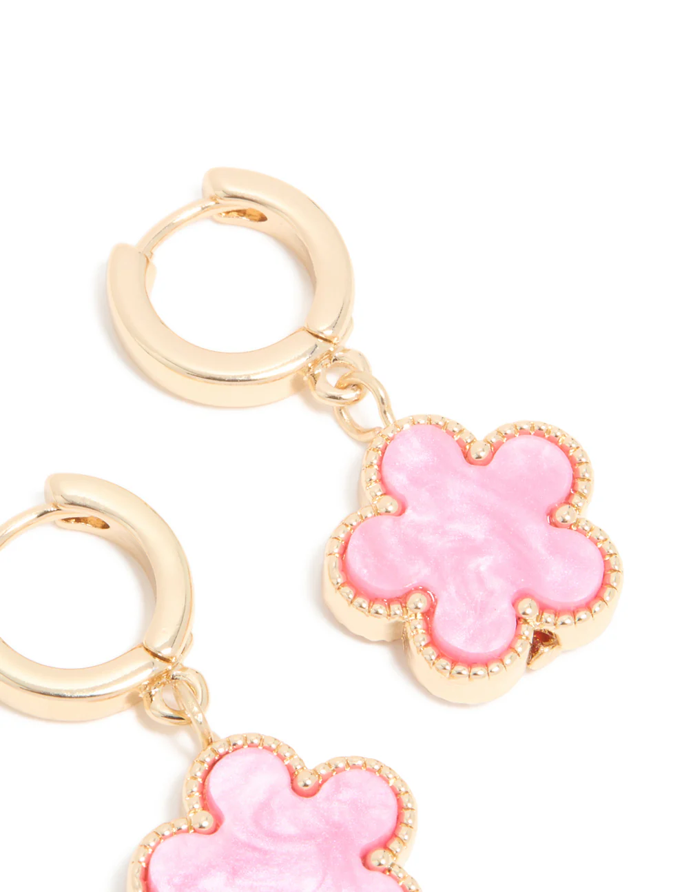 Gold Pink Flower Drop Huggie Earrings - Image 5