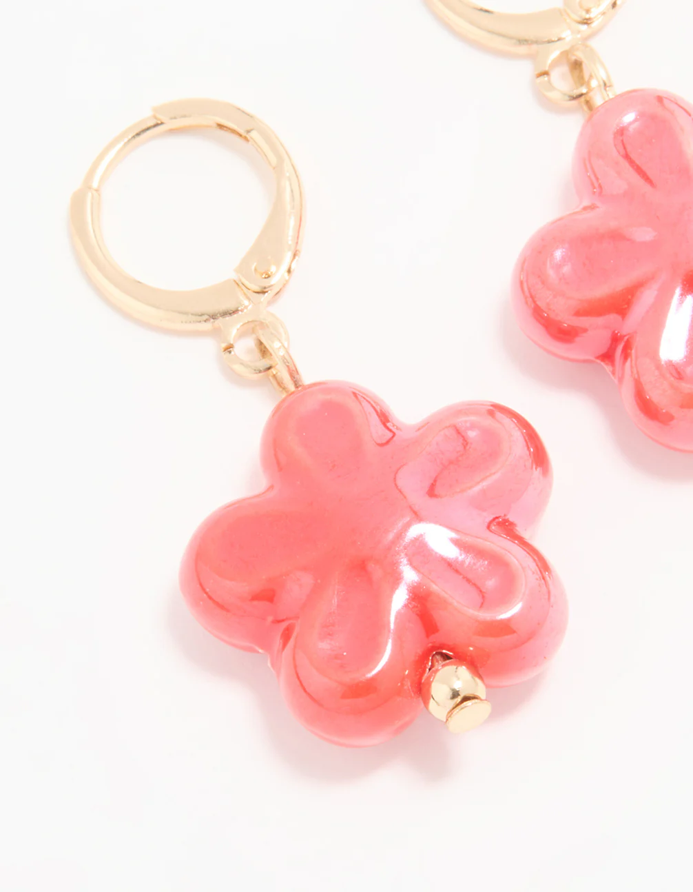 Gold Pink Flower Huggie Drop Earrings - Image 4