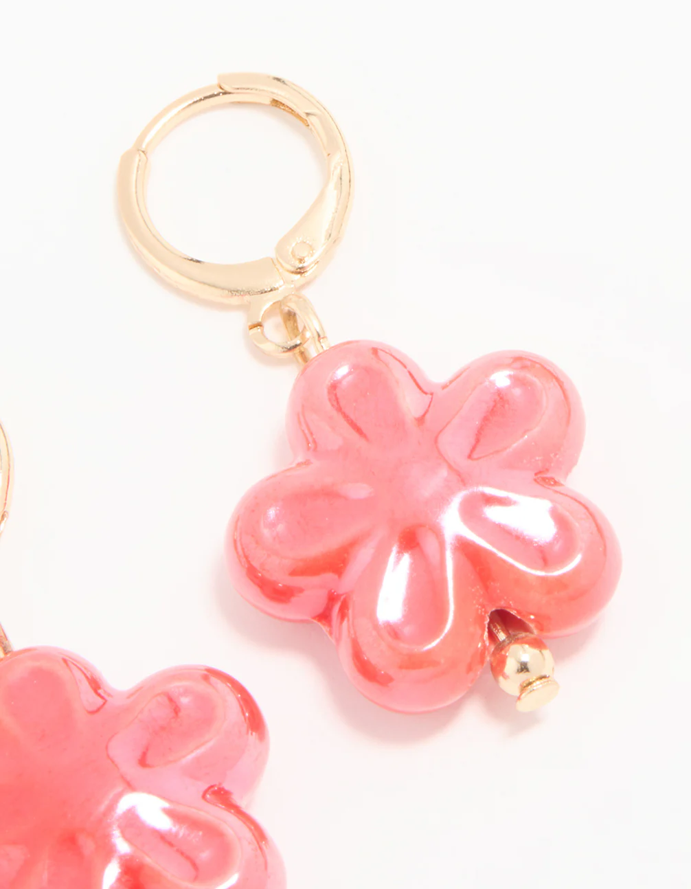 Gold Pink Flower Huggie Drop Earrings - Image 5