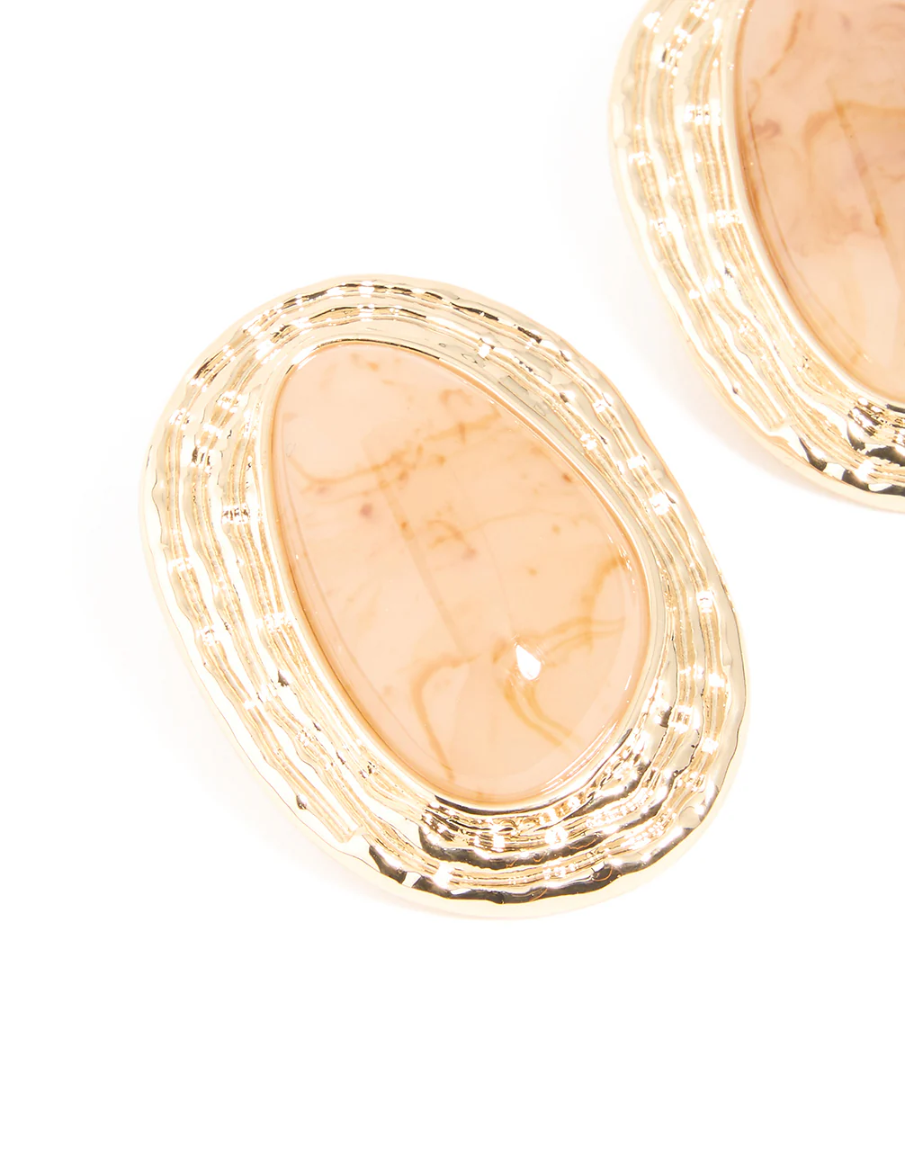 Gold Pink Marbles Stone Textured Oval Stud Earrings - Image 2