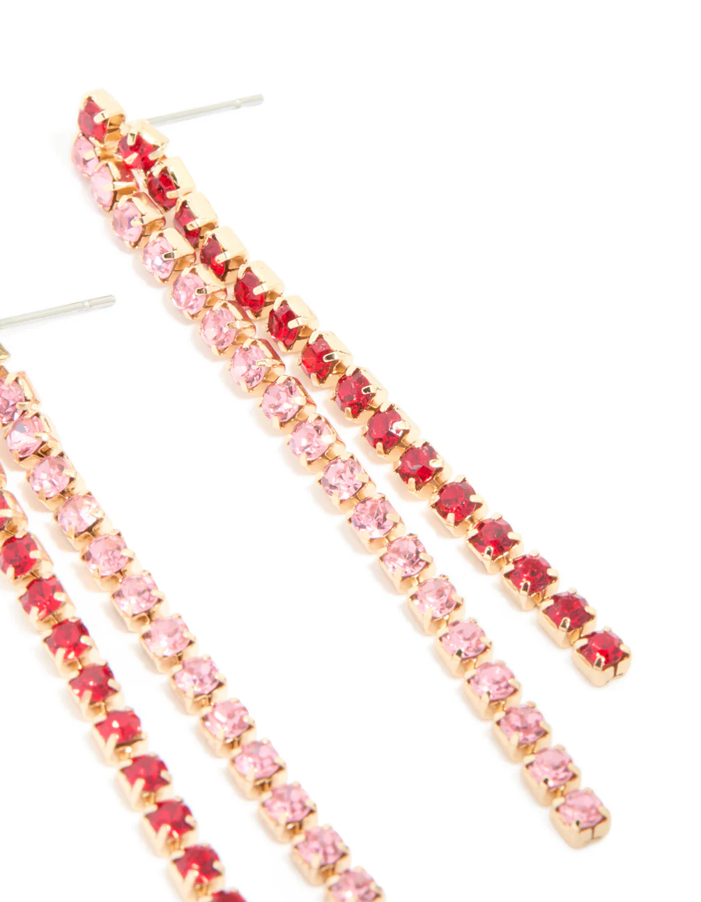 Gold Pink & Red Diamante Cup Chain Drop Earrings - Image 3