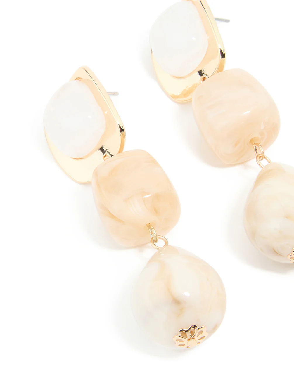 Gold Pink & White Beaded Square Drop Earrings - Image 2