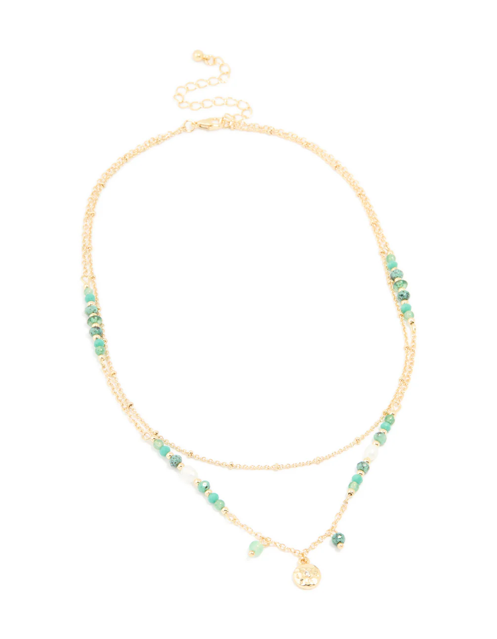 Gold Plated Aqua Beaded Semi Precious Stone & Disc Layered Necklace - Image 2