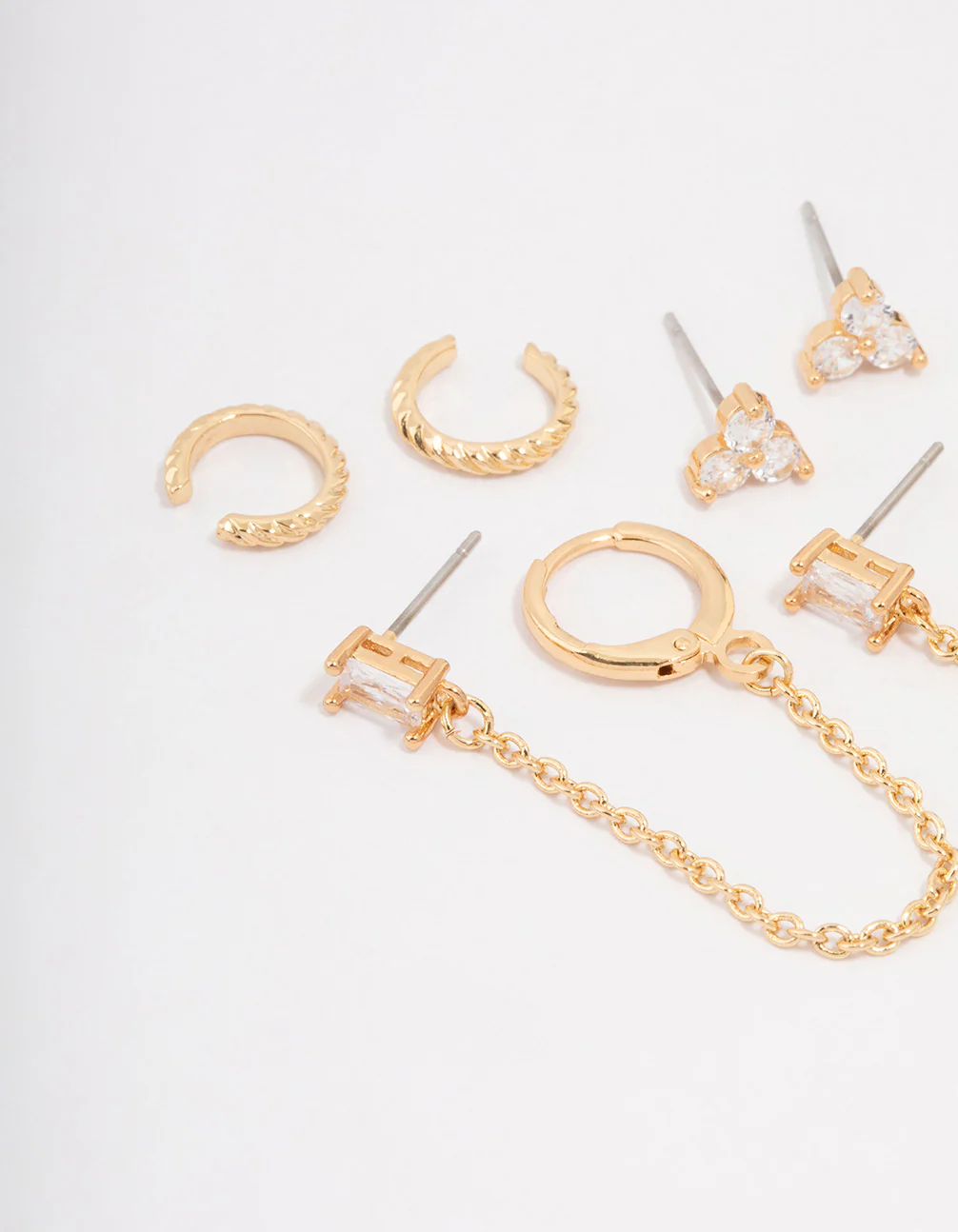Gold Plated Brass Baguette Chain Flower Earring 4-Pack - Image 2