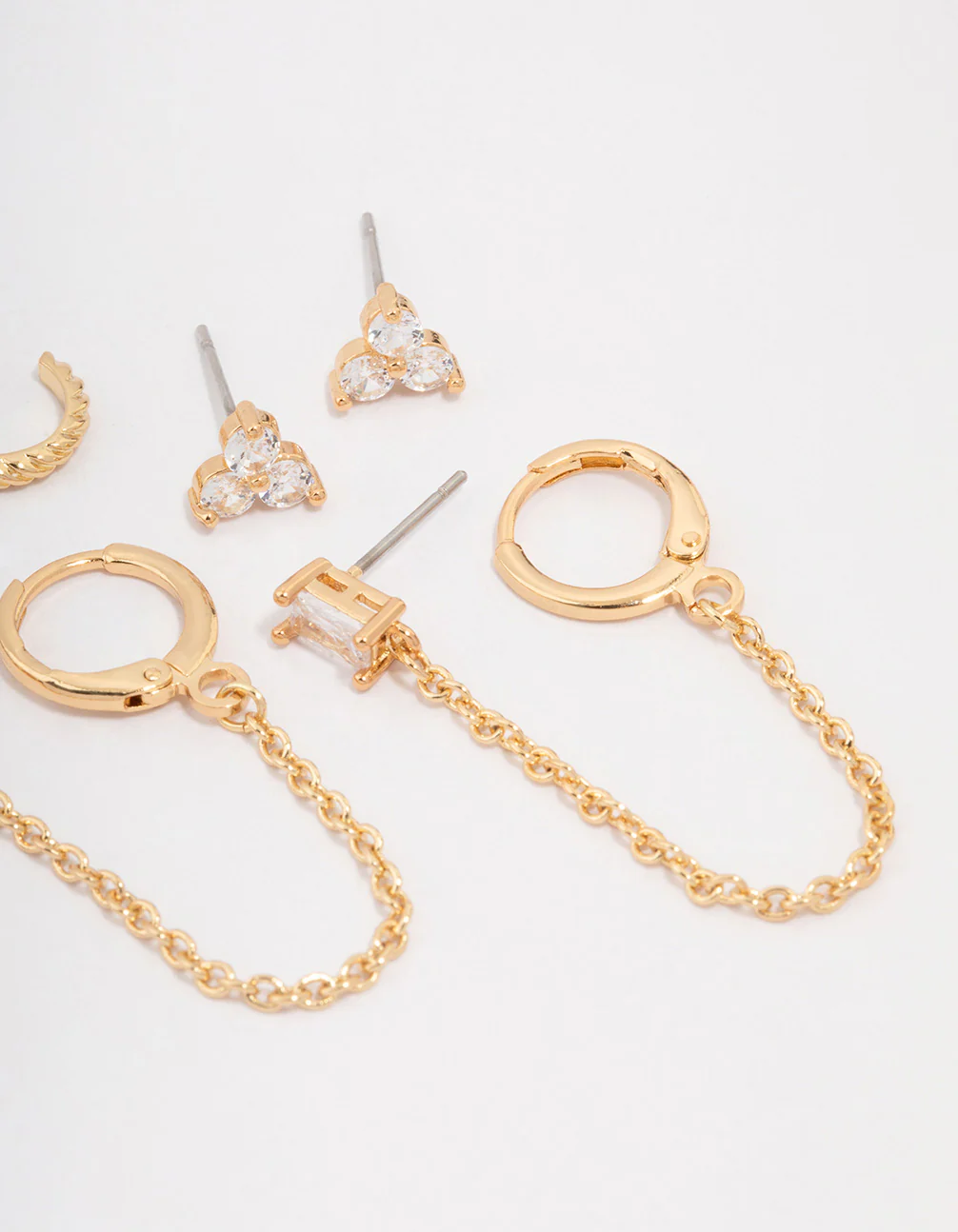 Gold Plated Brass Baguette Chain Flower Earring 4-Pack - Image 3