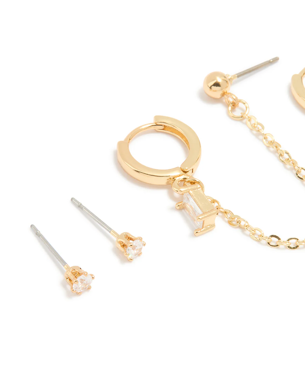 Gold Plated Baguette Huggie & Chain Earrings 4-Pack - Image 2
