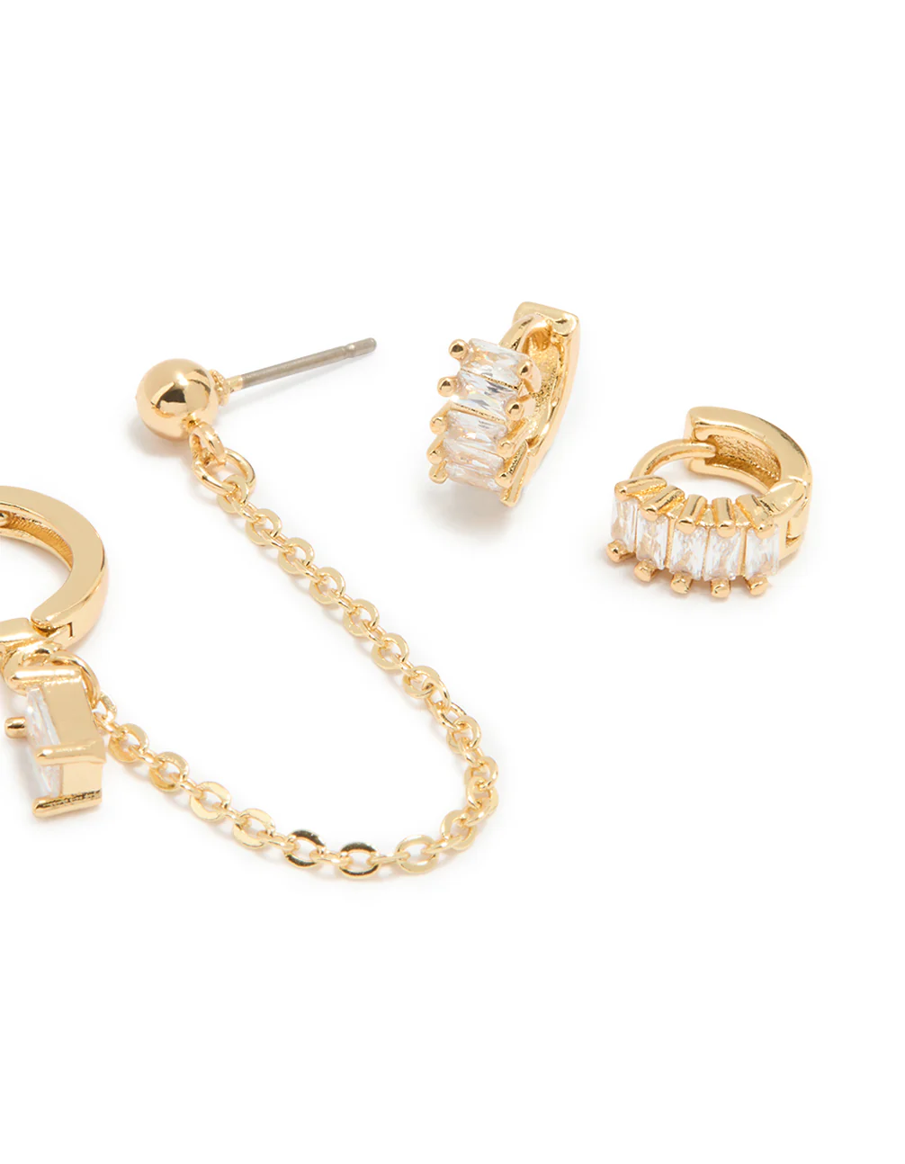 Gold Plated Baguette Huggie & Chain Earrings 4-Pack - Image 3