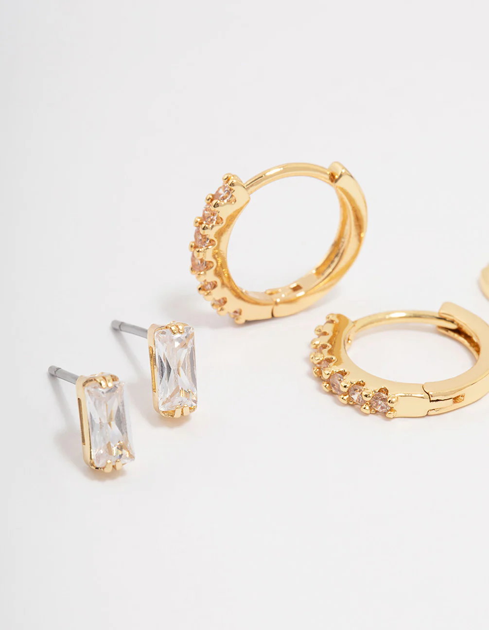 Gold Plated Brass Baguette Stud & Huggie Earring 3-Pack - Image 2