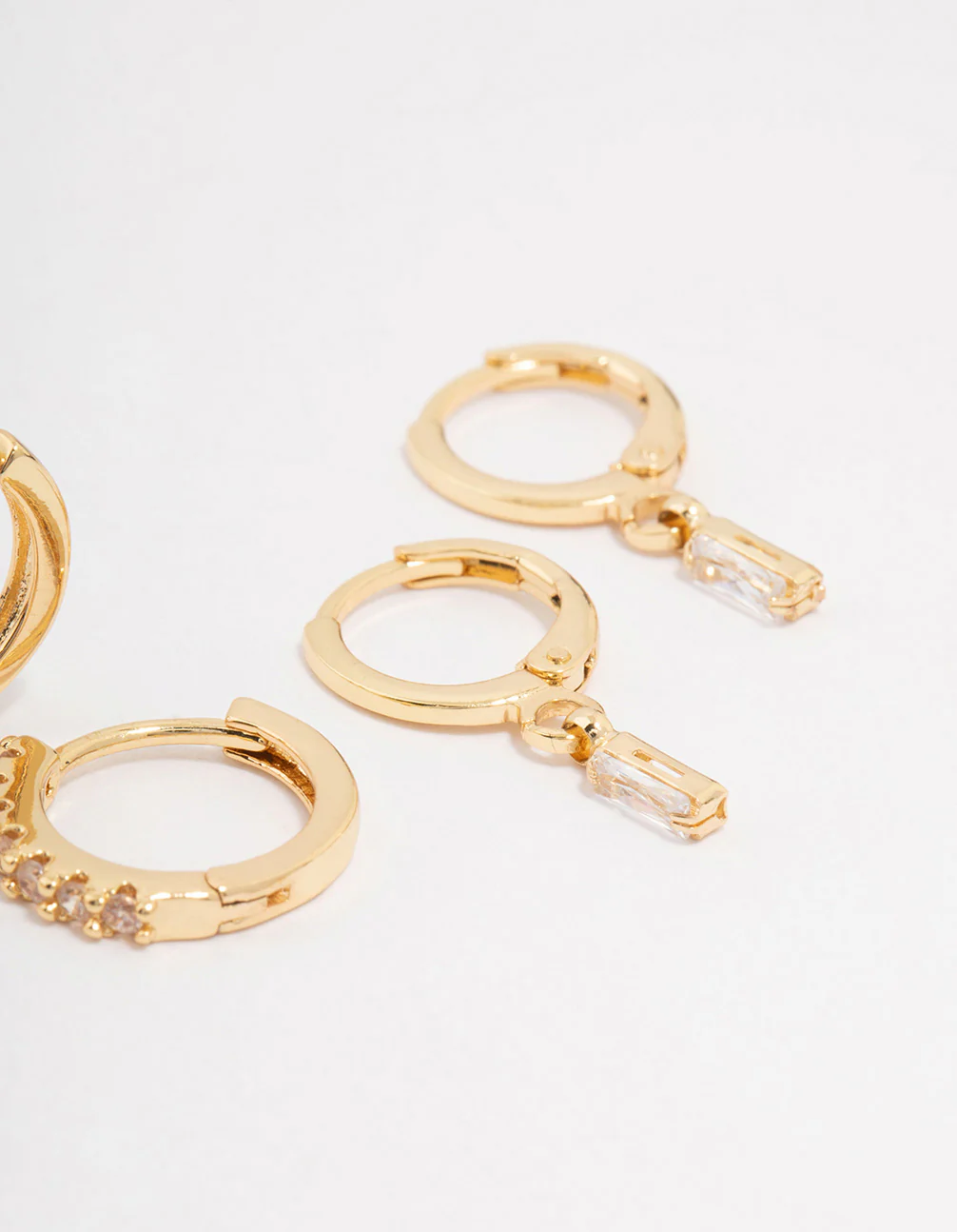 Gold Plated Brass Baguette Stud & Huggie Earring 3-Pack - Image 3