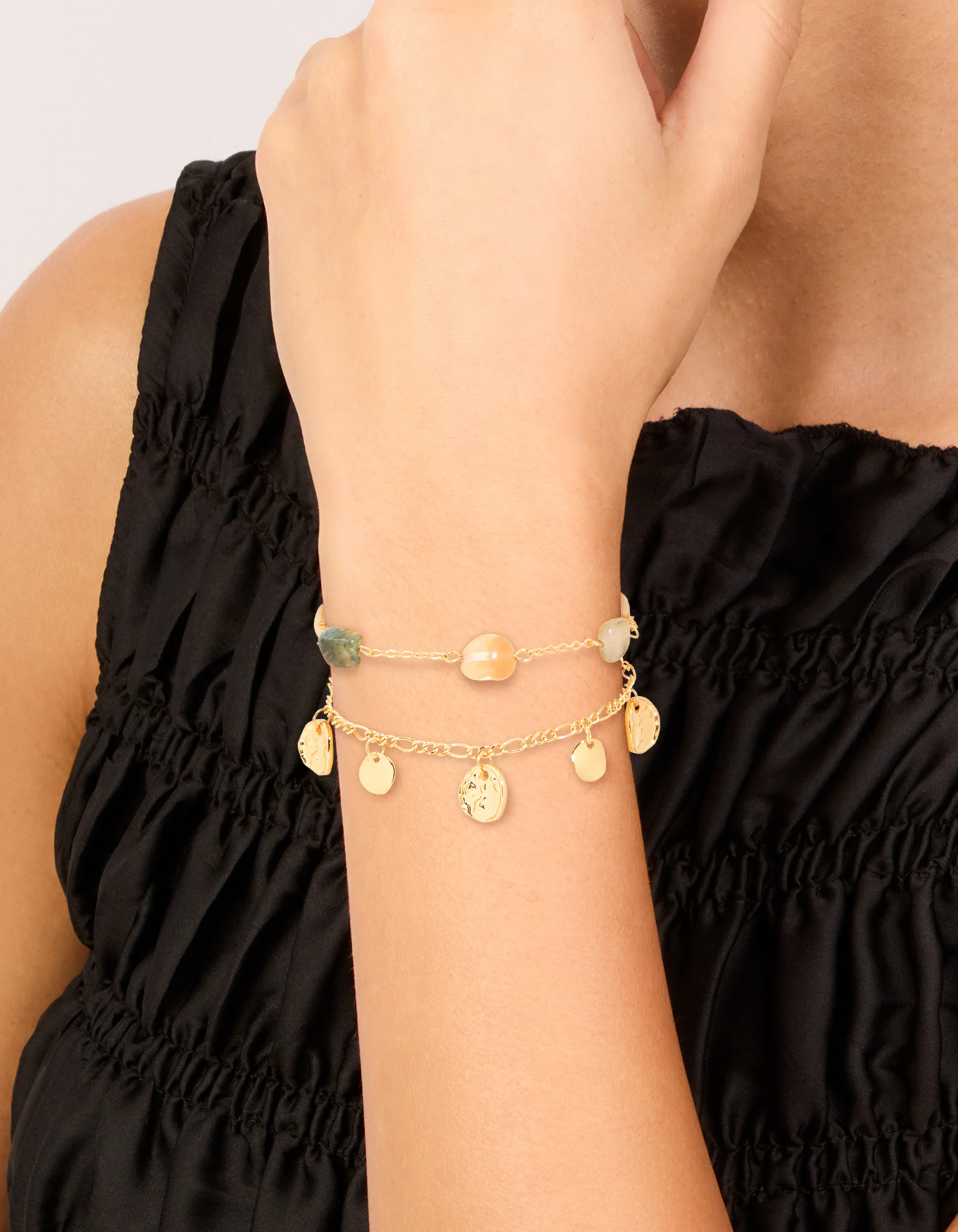Gold Plated Beaded Semi Precious Stone & Disc Layered Bracelet - Image 2