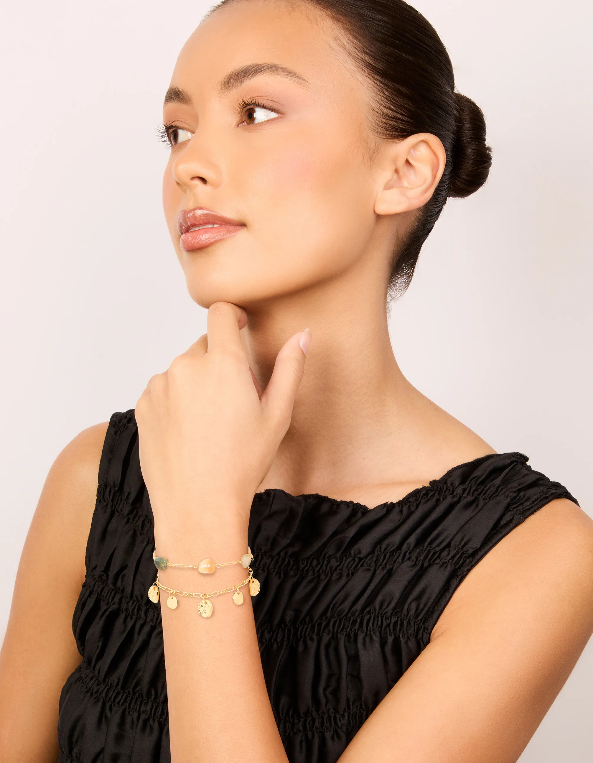 Gold Plated Beaded Semi Precious Stone & Disc Layered Bracelet - Image 4
