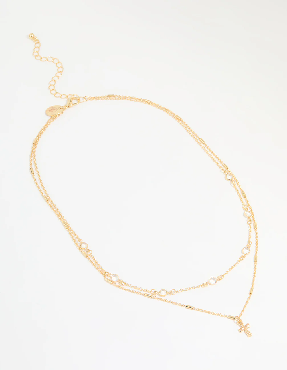 Gold Plated Bezel Chain & Cross Layered Necklace - Image 2