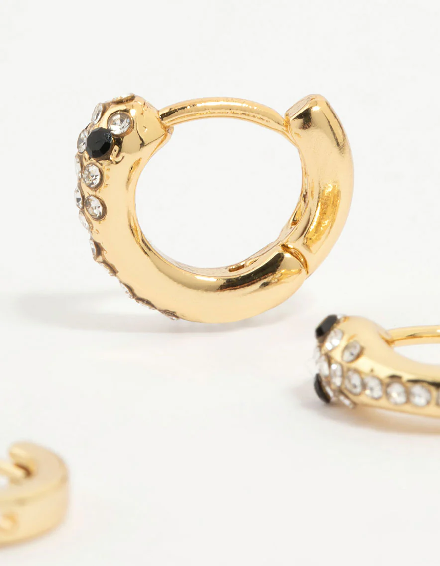 Gold Plated Black Cubic Zirconia Snake Huggie Earrings 3-Pack - Image 3