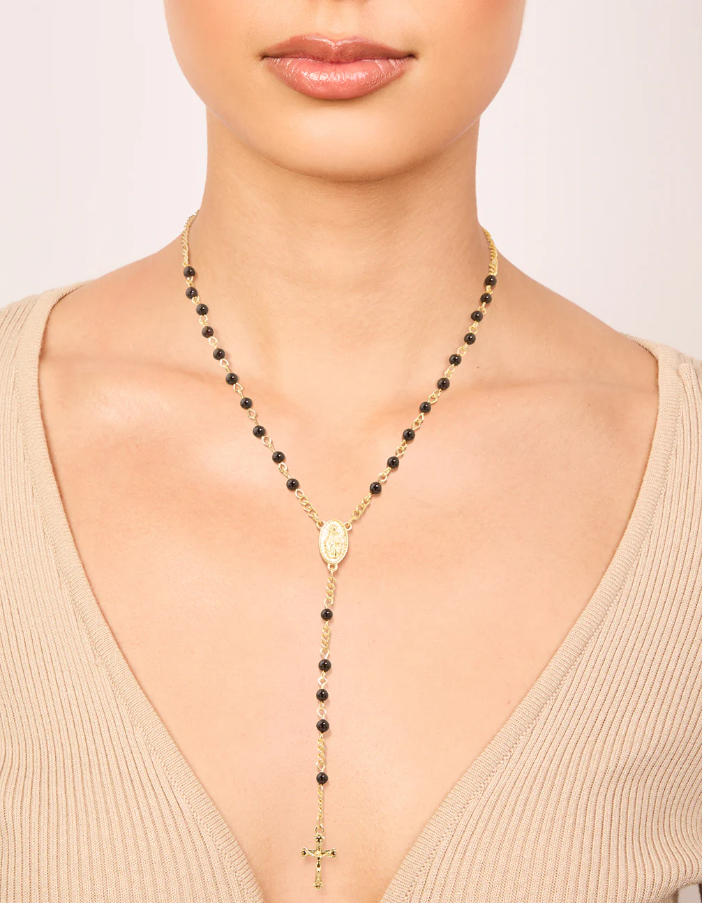 Gold Plated Black Onyx & Cross Lariat Necklace - Image 2
