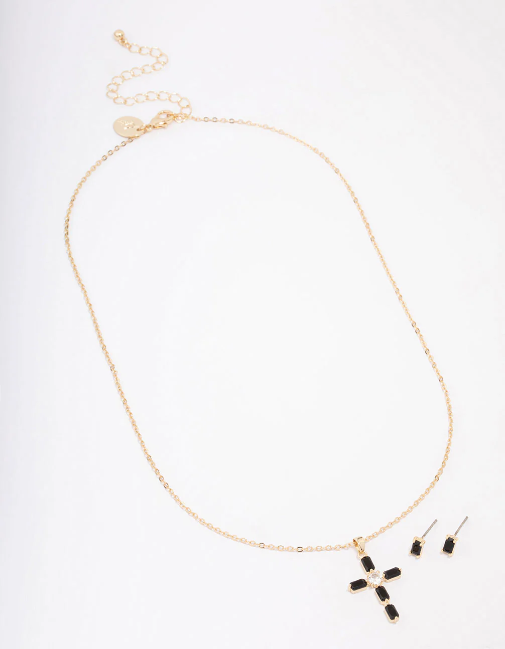 Gold Plated & Black Onyx Cross Necklace & Stud Earring Set - Image 2