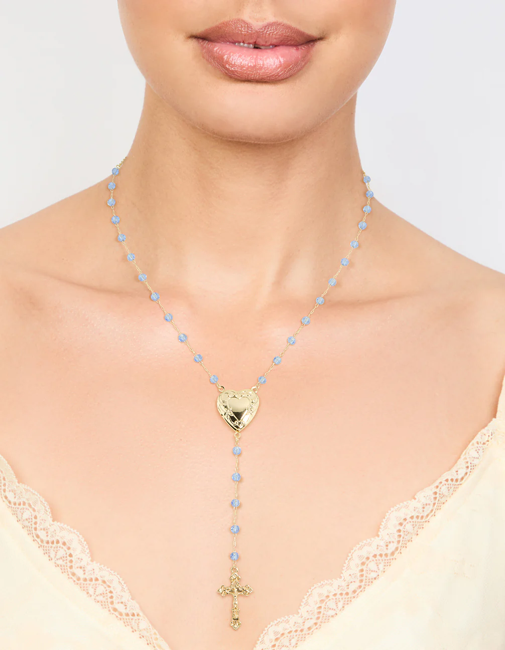 Gold Plated Blue Beaded Heart Locket & Cross Y-Necklace - Image 2