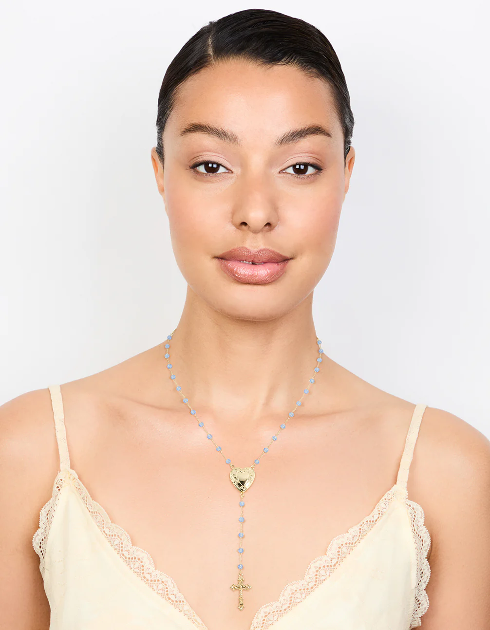 Gold Plated Blue Beaded Heart Locket & Cross Y-Necklace - Image 3