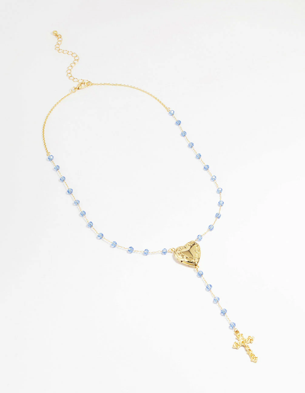 Gold Plated Blue Beaded Heart Locket & Cross Y-Necklace - Image 4