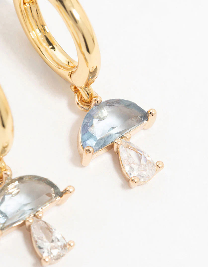 Gold Plated Blue Cubic Zirconia Mushroom Huggie Earrings - Image 5