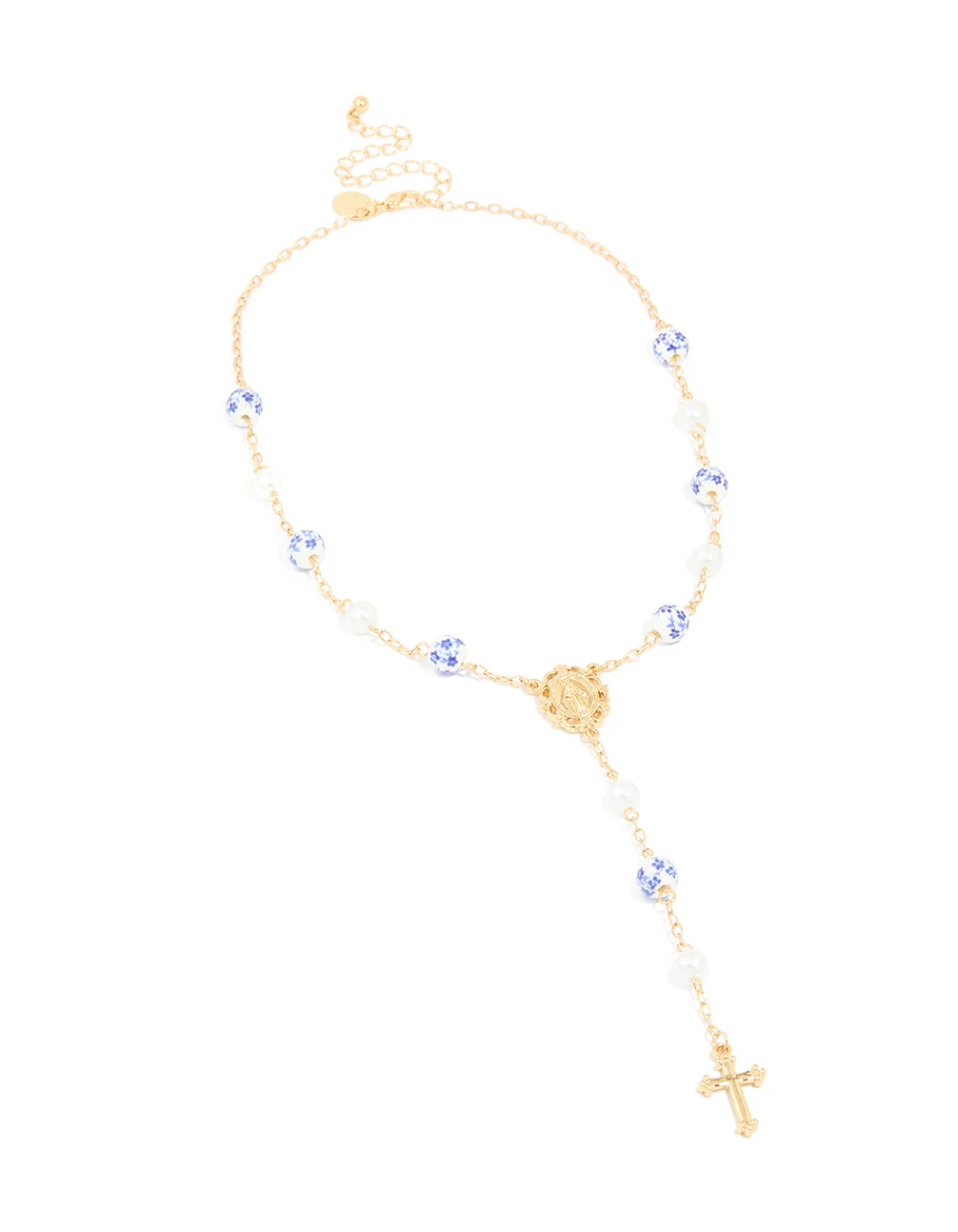 Gold Plated Blue Floral Rosary Necklace - Image 2