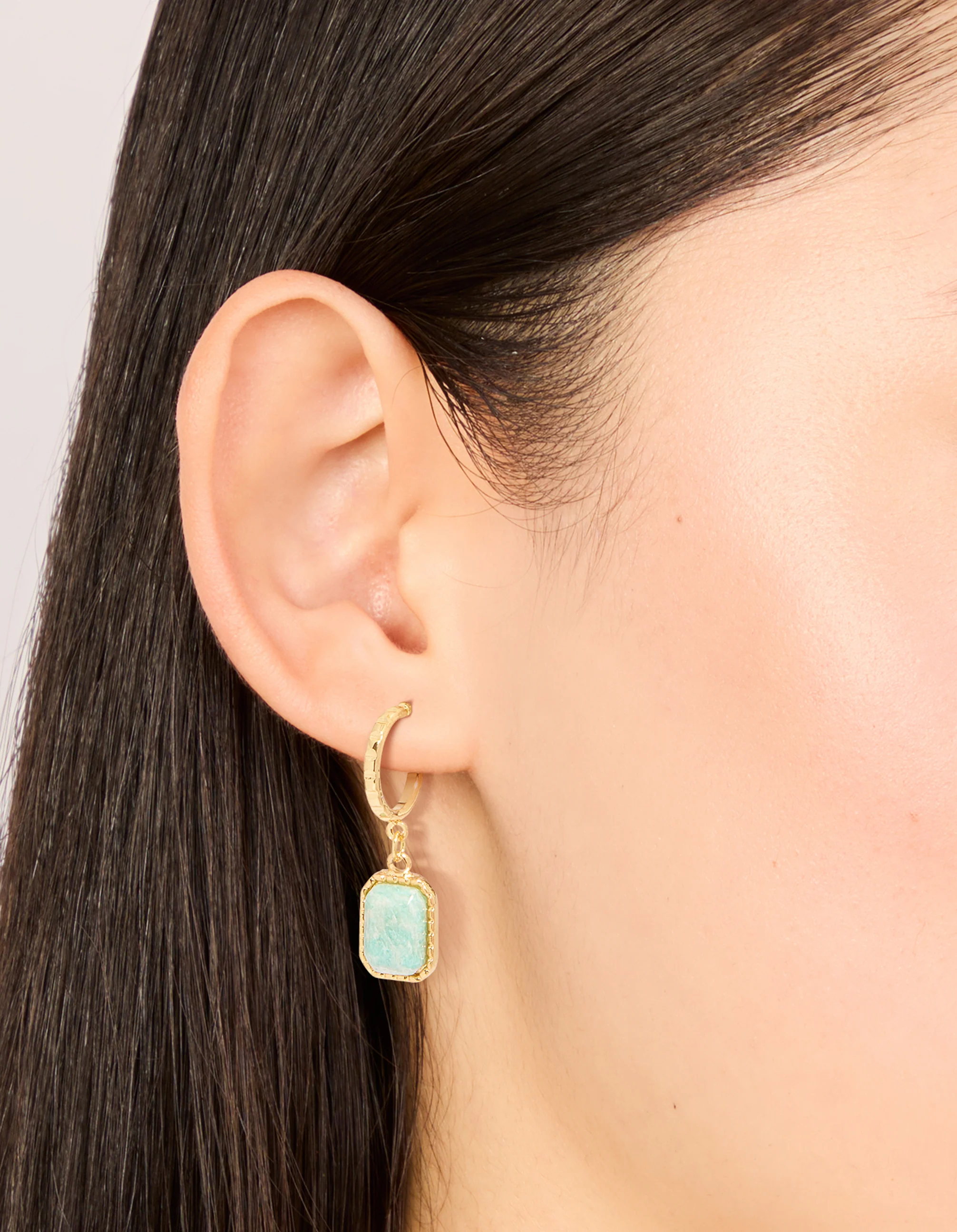 Gold Plated Blue Semi Precious Stone Rectangular Hoop Earrings - Image 2