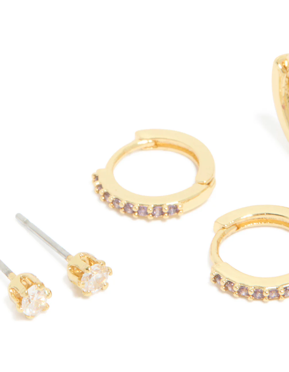 Gold Plated Brass Amethyst Cubic Zirconia February Birthstone Earrings 4-Pack - Image 2