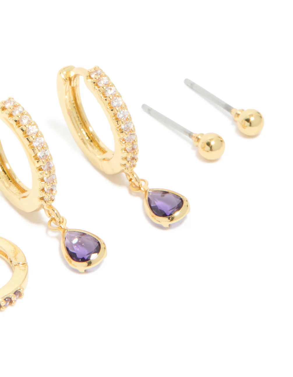 Gold Plated Brass Amethyst Cubic Zirconia February Birthstone Earrings 4-Pack - Image 3