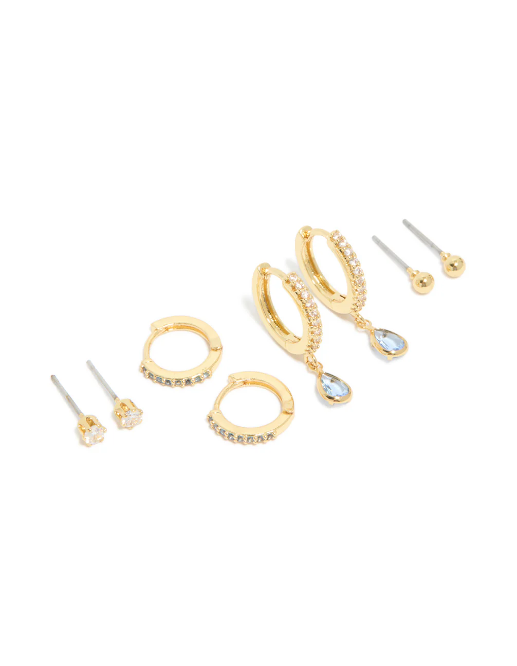 Gold Plated Brass Aquamarine Cubic Zirconia March Birthstone Earrings 4-Pack