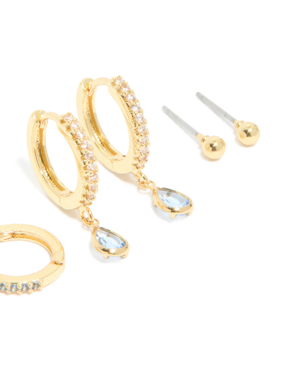 Gold Plated Brass Aquamarine Cubic Zirconia March Birthstone Earrings 4-Pack - Image 3