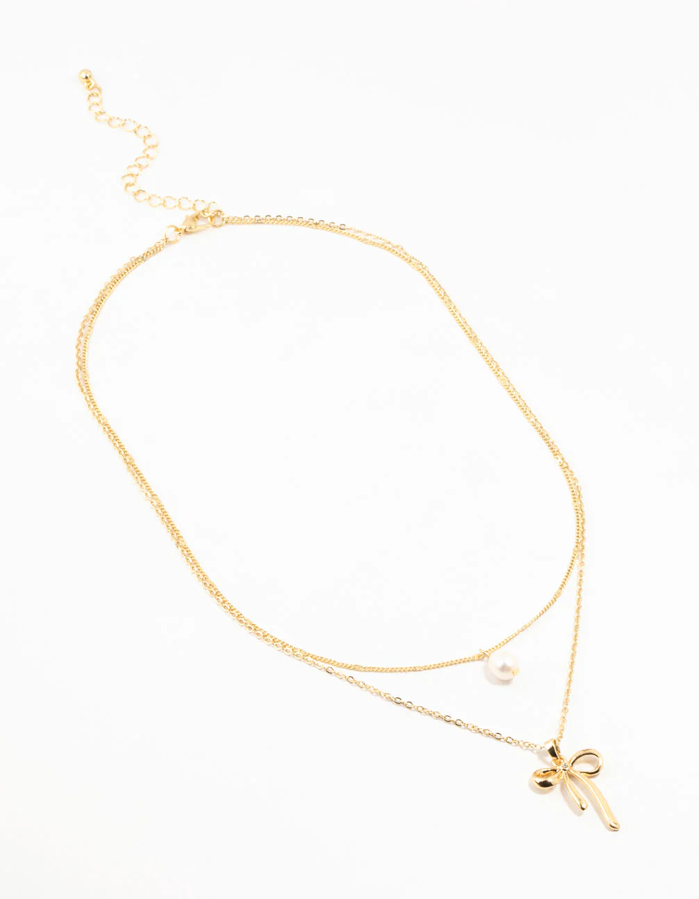 Gold Plated Brass Bow & Pearl Layered Necklace - Image 2
