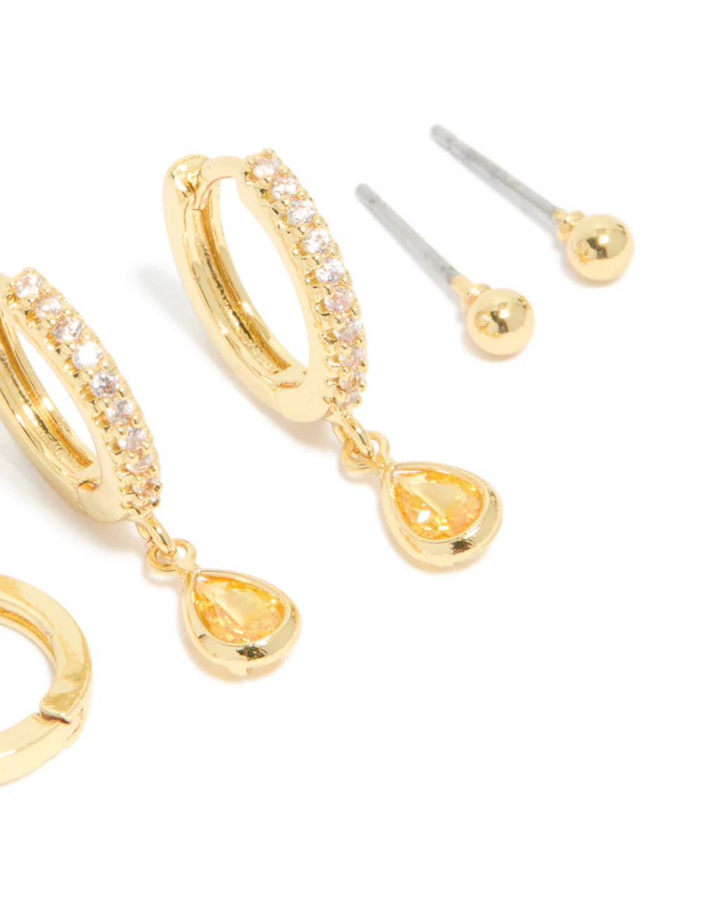 Gold Plated Brass Citrine Cubic Zirconia November Birthstone Earrings 4-Pack - Image 3