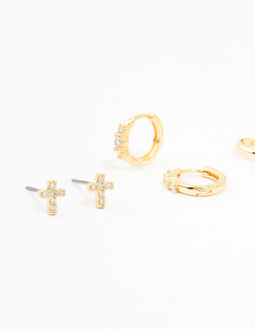 Gold Plated Brass Cross Stud & Chain Earrings 4-Pack - Image 2