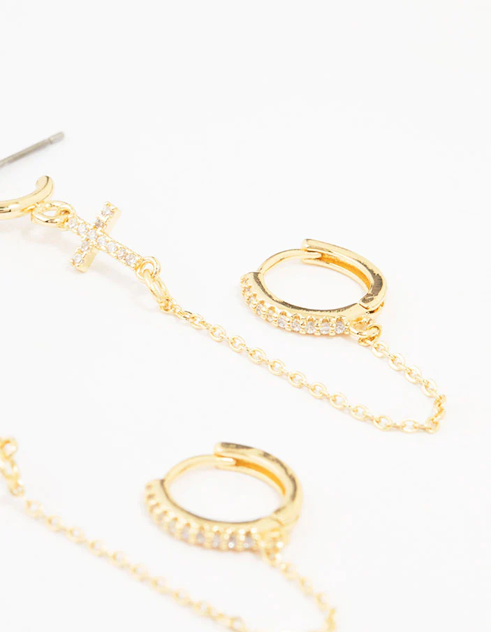 Gold Plated Brass Cross Stud & Chain Earrings 4-Pack - Image 3