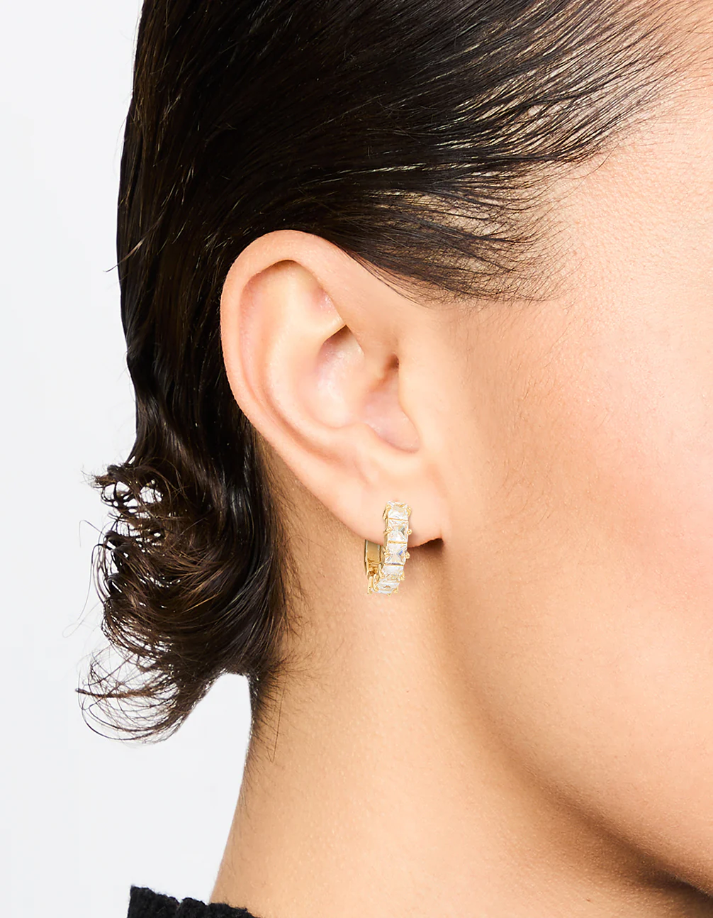 Gold Plated Brass Cubic Zirconia Baguette Medium Huggie Earrings - Image 2