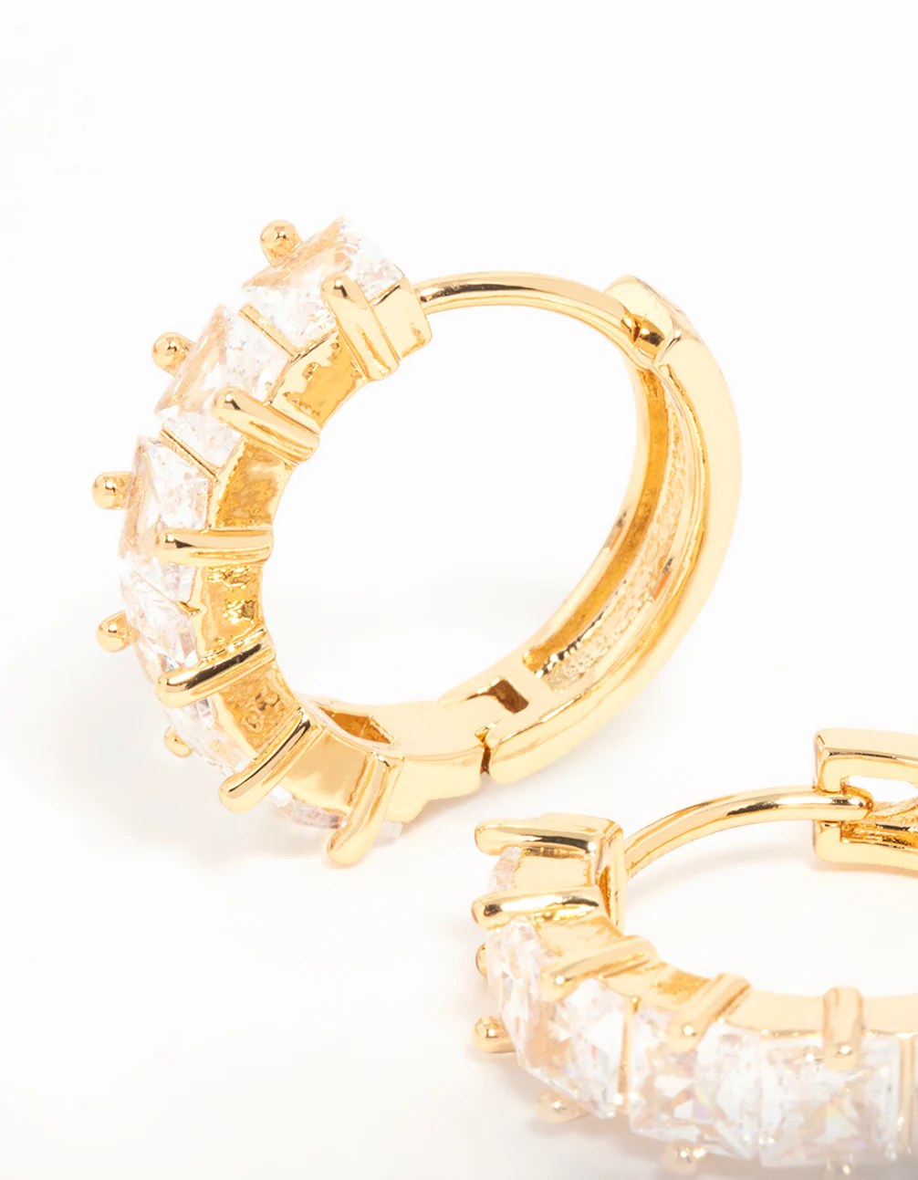 Gold Plated Brass Cubic Zirconia Baguette Medium Huggie Earrings - Image 4