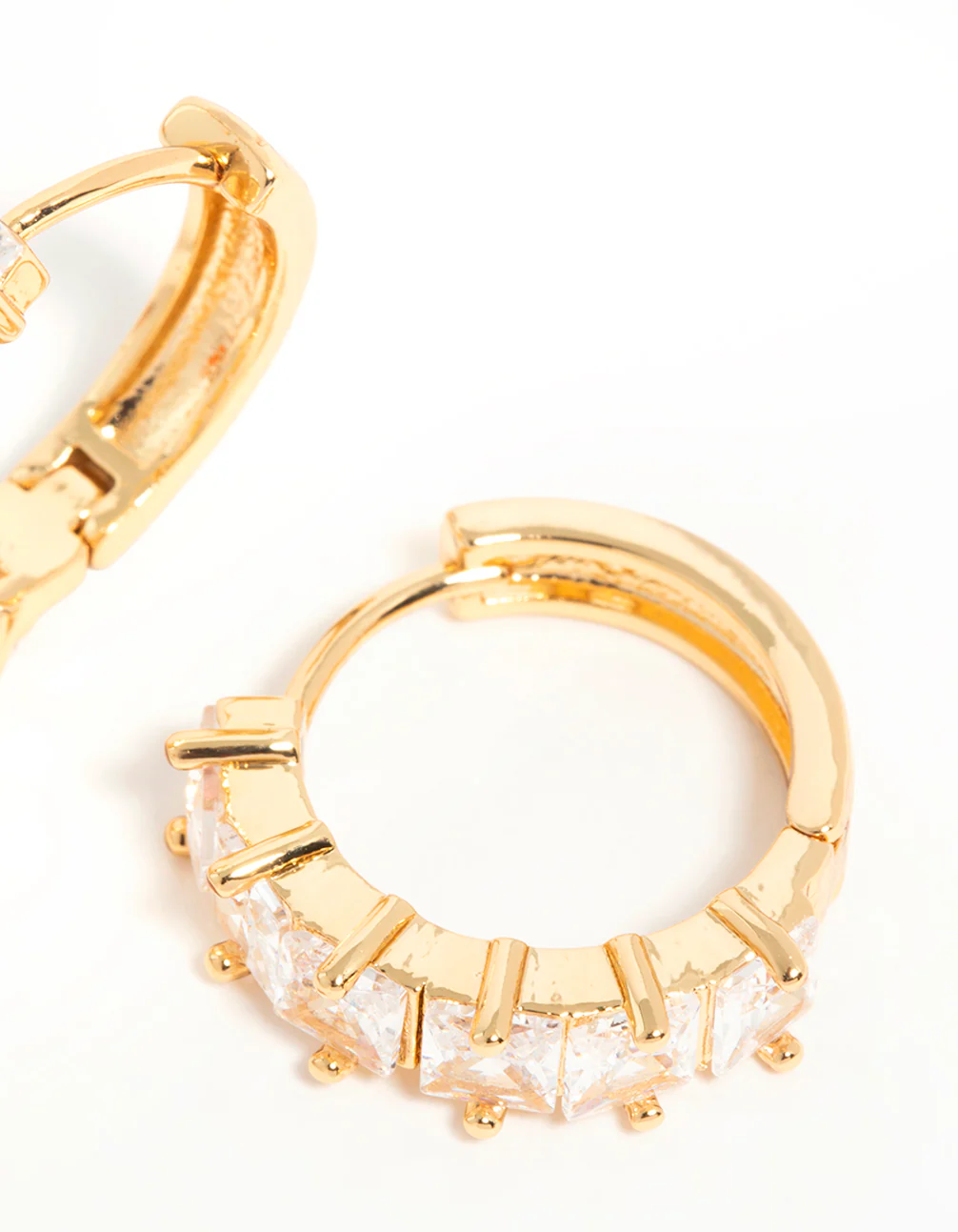 Gold Plated Brass Cubic Zirconia Baguette Medium Huggie Earrings - Image 5