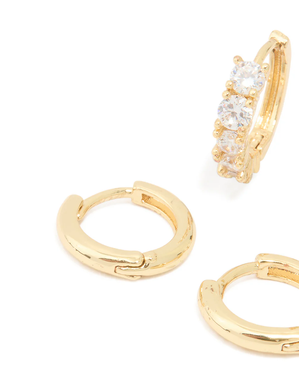 Gold Plated Brass Cubic Zirconia Baguette & Smooth Mini Huggie Earrings Pack - Image 4