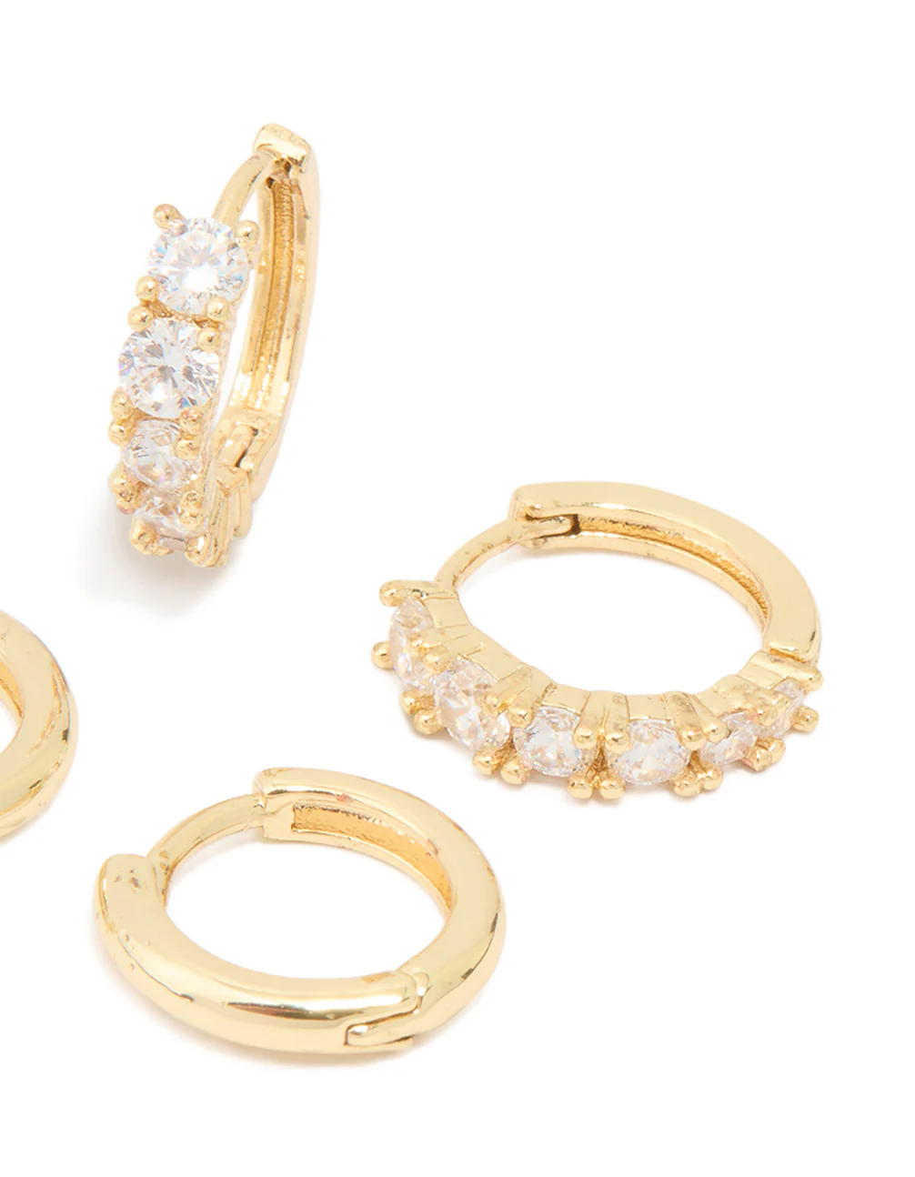 Gold Plated Brass Cubic Zirconia Baguette & Smooth Mini Huggie Earrings Pack - Image 5