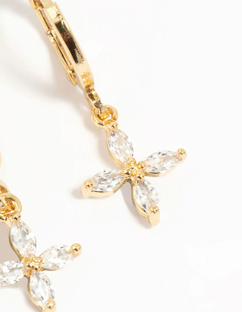 Gold Plated Brass Cubic Zirconia Butterfly & Flower Earrings 4-Pack - Image 3