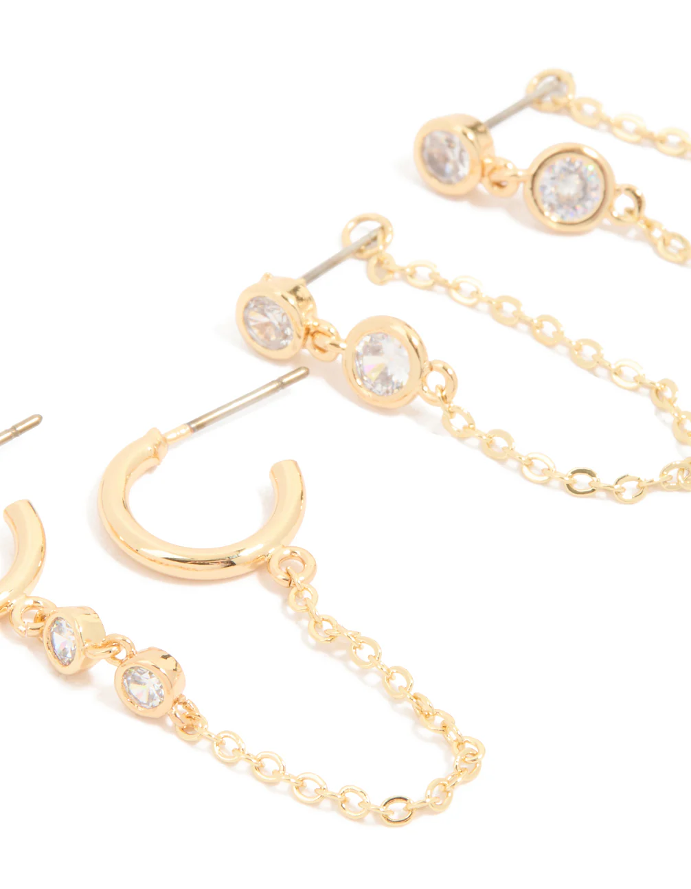 Gold Plated Brass Cubic Zirconia Chain Earrings 4-Pack - Image 3