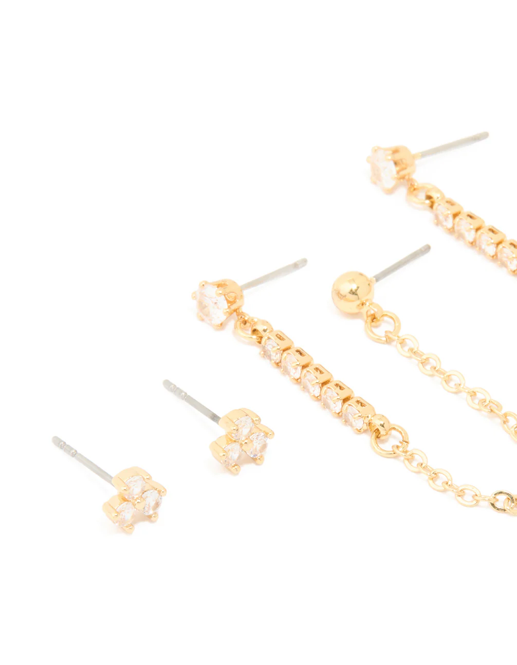 Gold Plated Brass Cubic Zirconia Chain Earrings & Ear Cuffs 3-Pack - Image 2