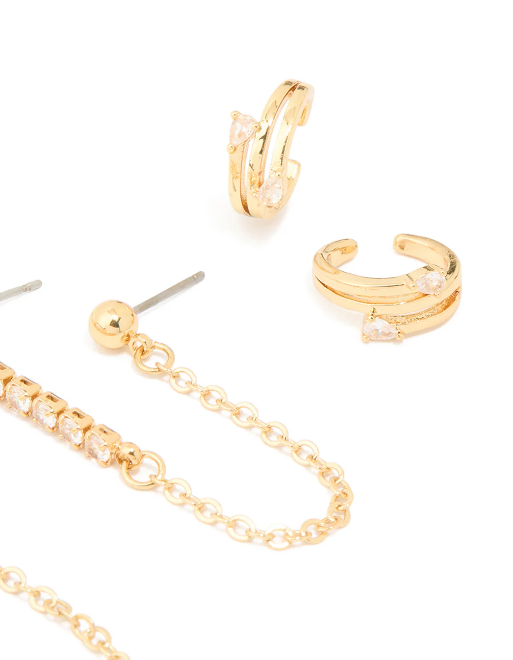 Gold Plated Brass Cubic Zirconia Chain Earrings & Ear Cuffs 3-Pack - Image 3