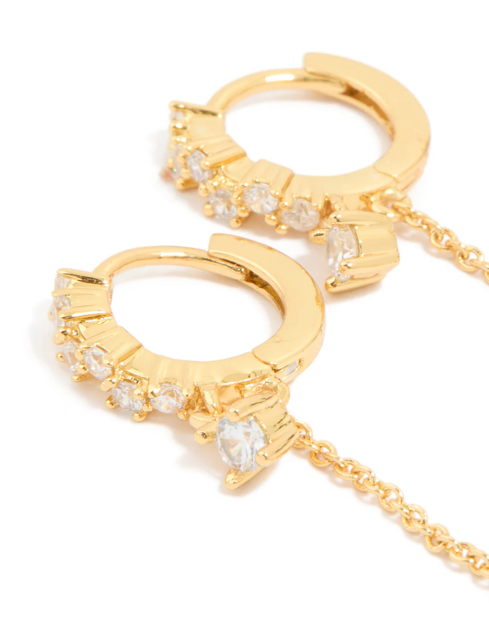 Gold Plated Brass Cubic Zirconia Chain & Smooth Huggie Earrings 2-Pack - Image 4
