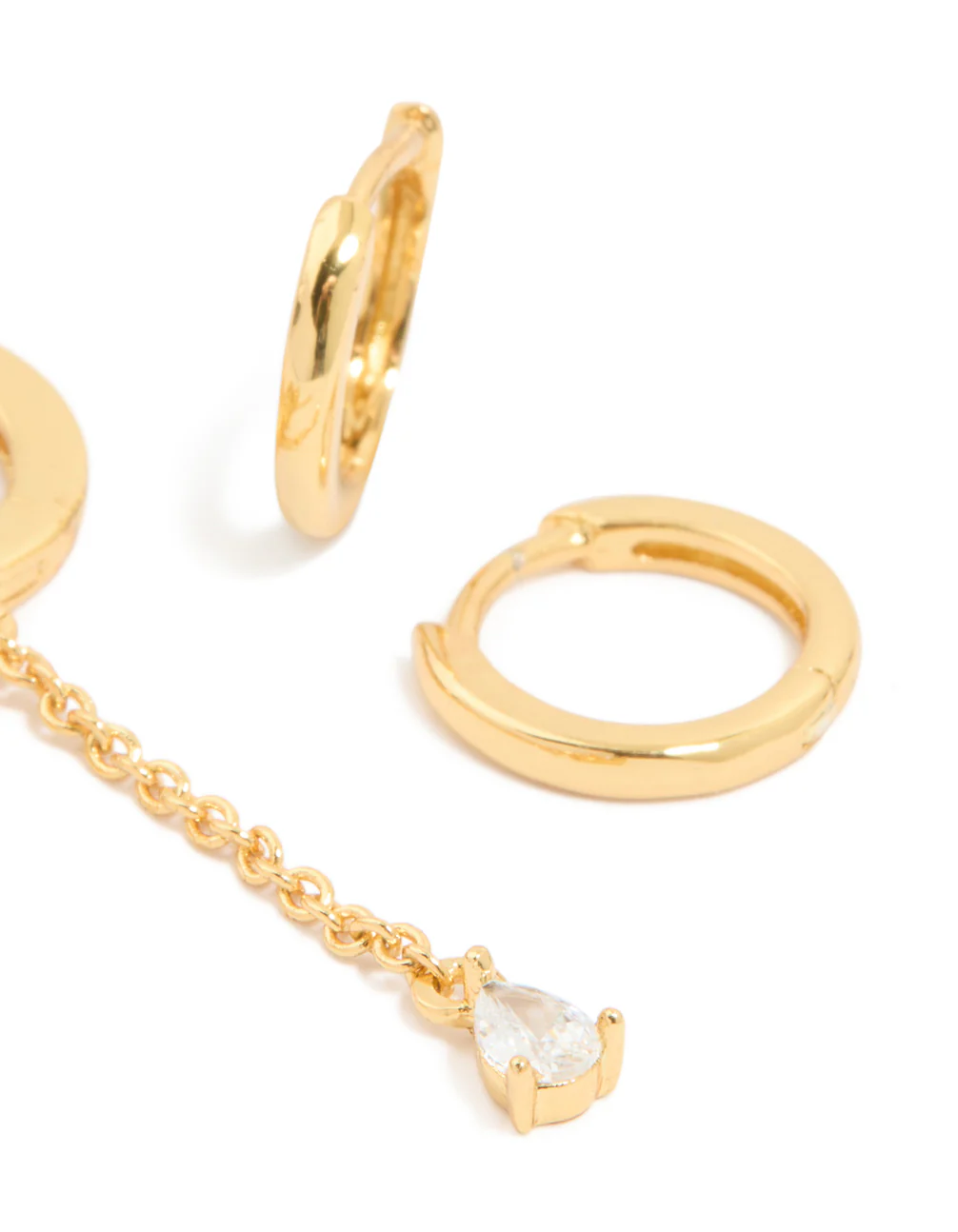 Gold Plated Brass Cubic Zirconia Chain & Smooth Huggie Earrings 2-Pack - Image 5