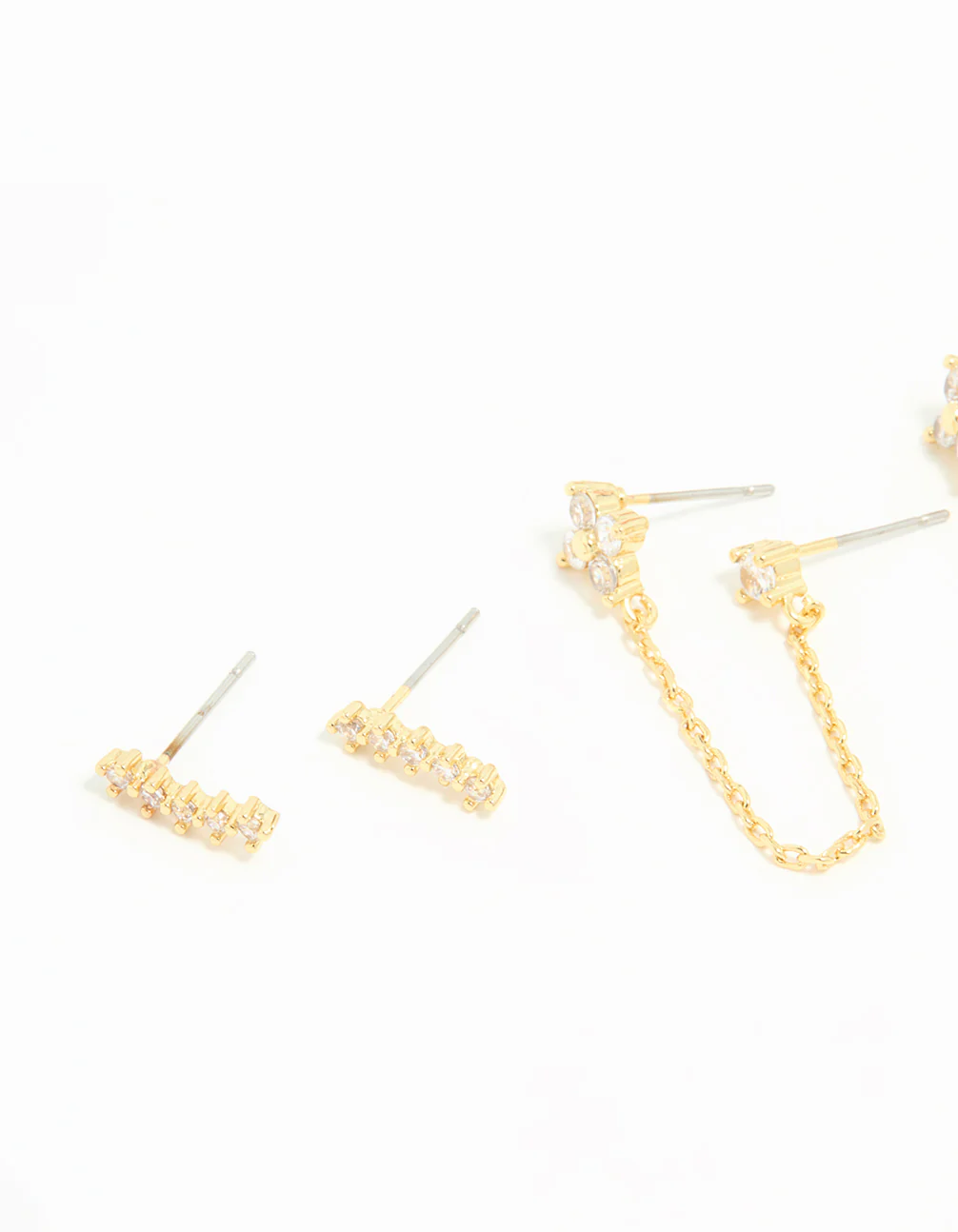 Gold Plated Brass Cubic Zirconia Chain & Stud Earrings 3-Pack - Image 2