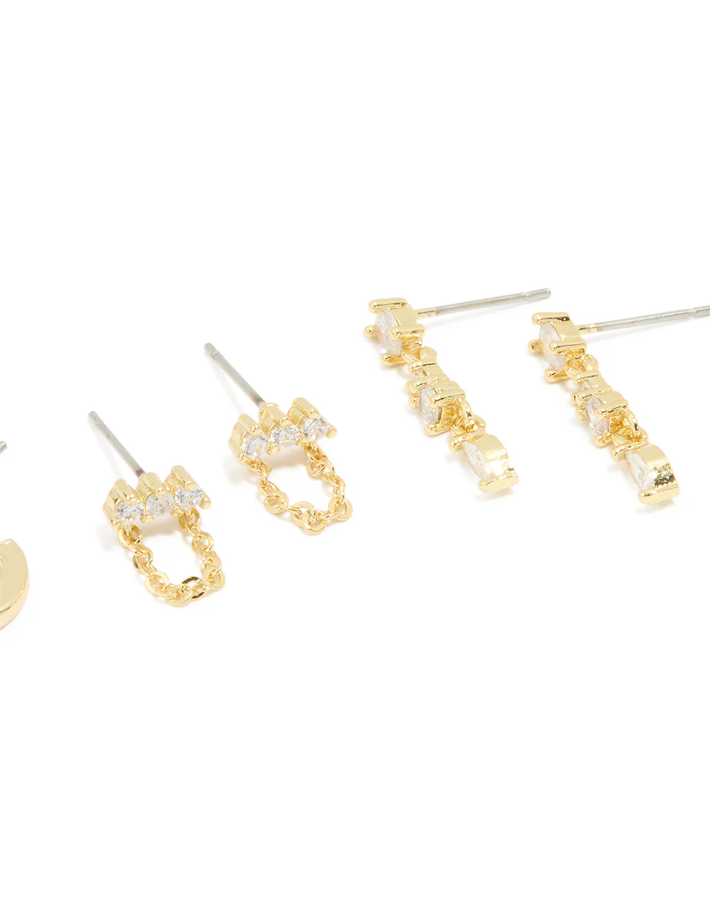 Gold Plated Brass Cubic Zirconia Chain & Stud Earrings 4-Pack - Image 3