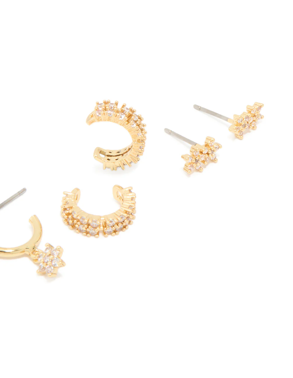Gold Plated Brass Cubic Zirconia Flower Stud & Ear Cuff 5-Pack - Image 3