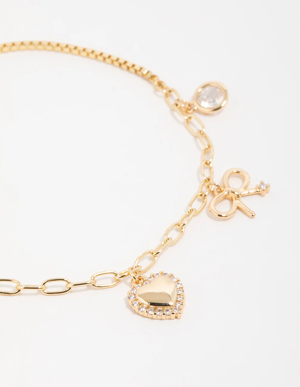Gold Plated Brass Cubic Zirconia Heart & Bow Charm Toggle Bracelet - Image 2