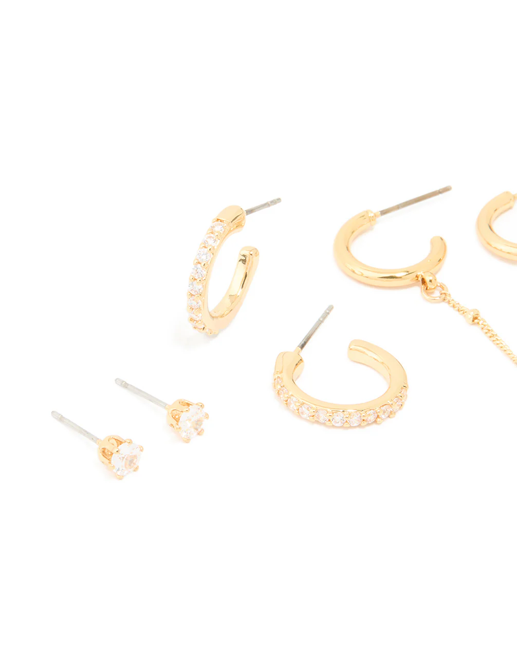 Gold Plated Brass Cubic Zirconia Hoop & Chain Earrings 3-Pack - Image 2