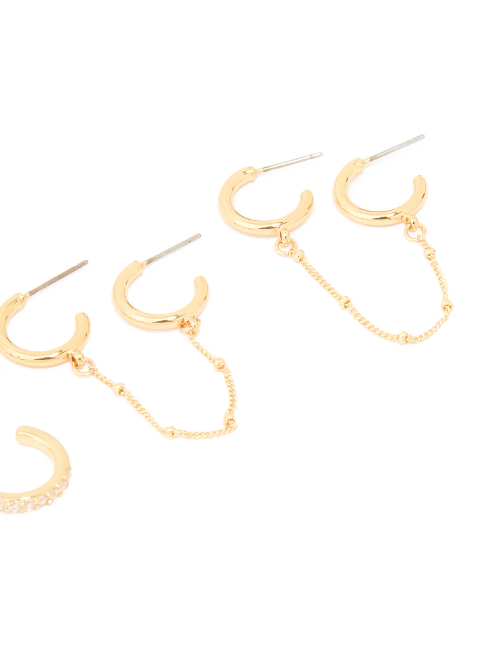 Gold Plated Brass Cubic Zirconia Hoop & Chain Earrings 3-Pack - Image 3